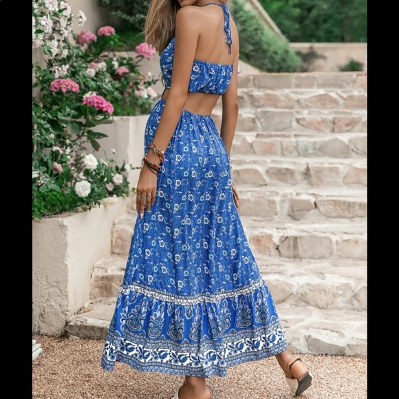 Boho Floral Paisley Print Cutout Halter Maxi Dress GREEN - Picture 8 of 13